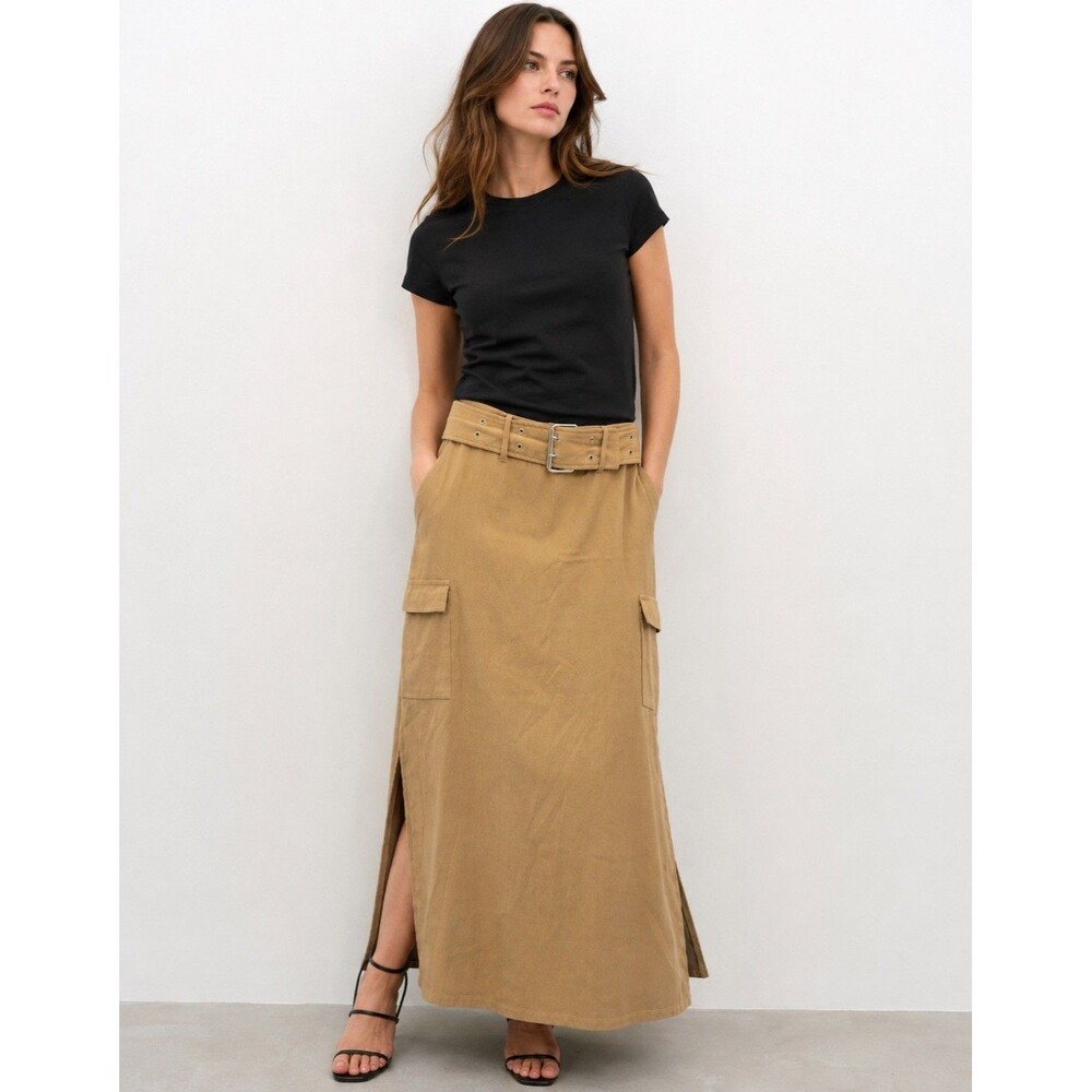 Tracy Evans Vintage Y2K Cargo Maxi column Skirt Belted Side Slits Tan  Size 11